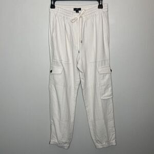 J CREW Pants Womens 2 Tie-Waist Linen-Blend Cargo NEW Ivory Ankle-Zip BG122